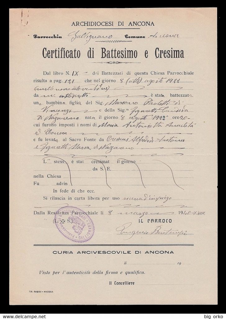 This is an Italian baptismal certificate
